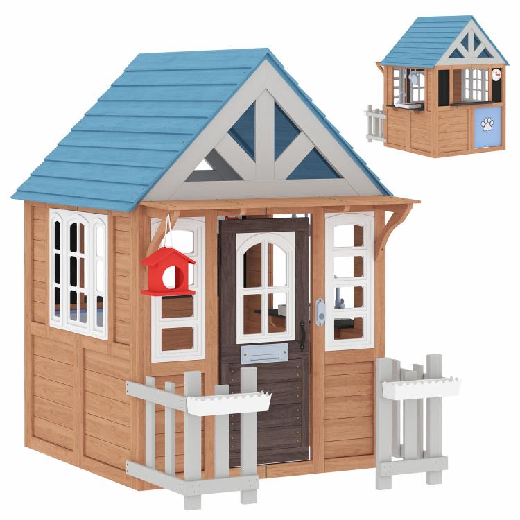 Wooden kids playhouse with blue roof, front door, white fences and side windows