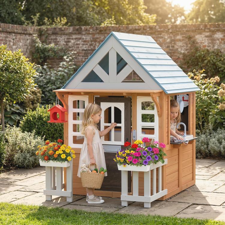 Wooden playhouse with blue shingle roof, white double doors, flower planters, and mailbox