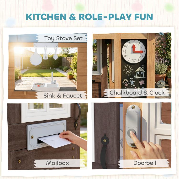 Wooden playhouse play features: toy stove set, sink, mailbox slot, and doorbell