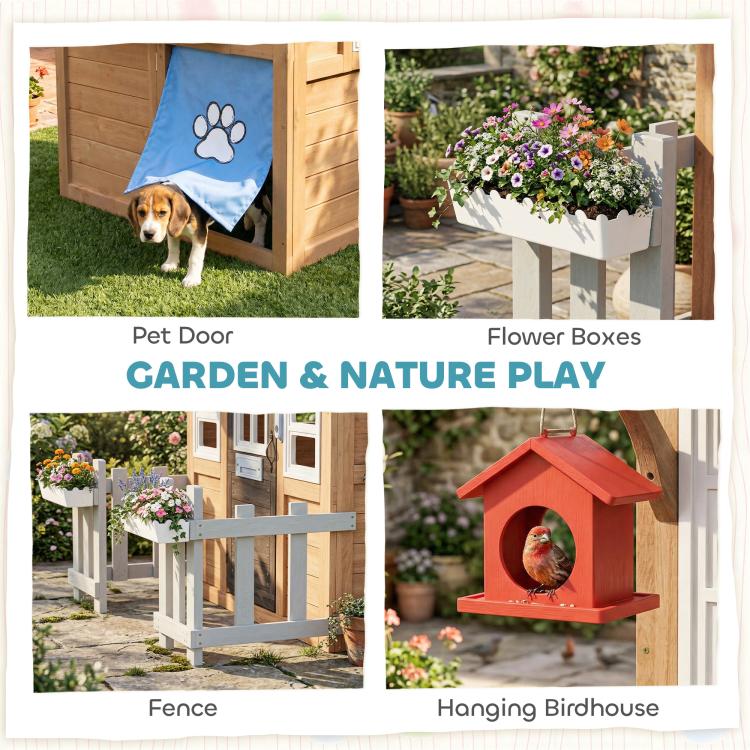 Wooden playhouse garden add-ons: pet door, fence, hanging birdhouse, and flower boxes