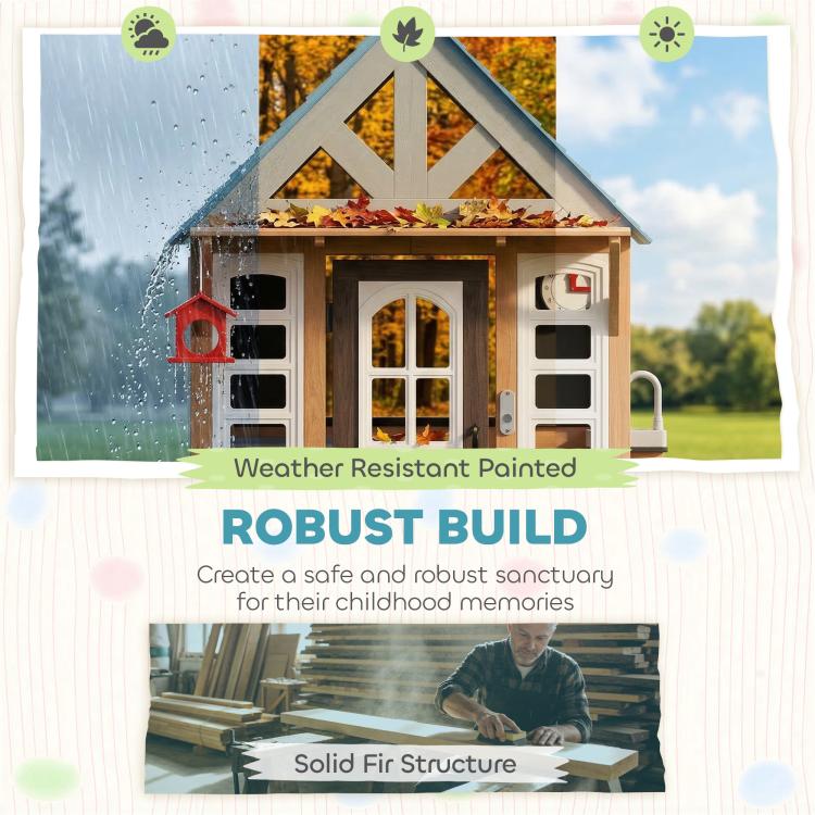 Weather-resistant painted wooden playhouse with blue roof, windows, and pet door
