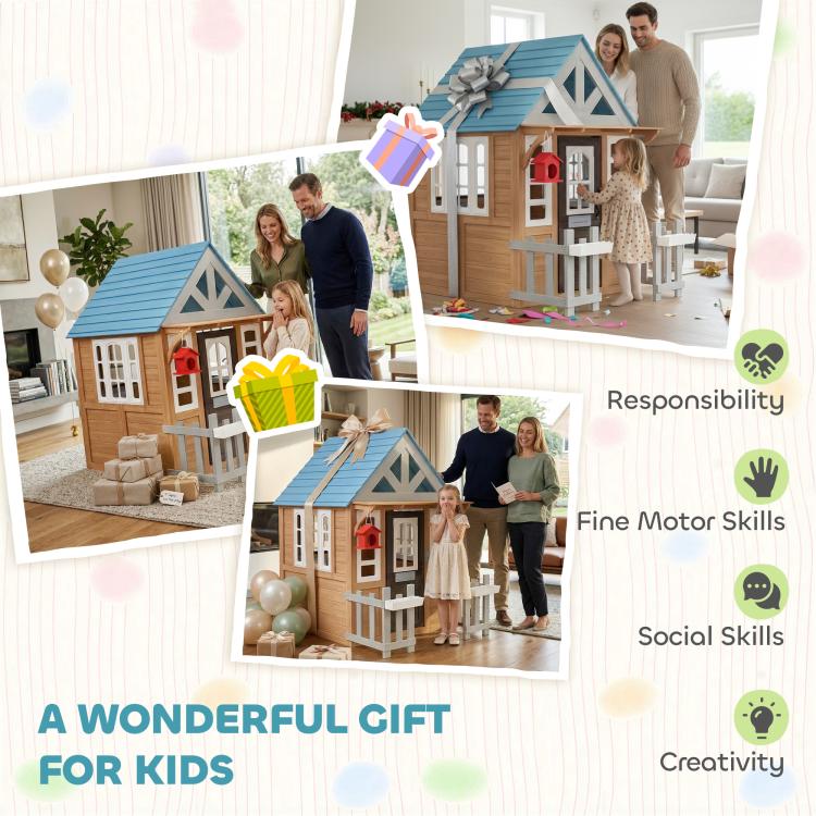 Wooden kids playhouse in living room view with blue roof and accessories