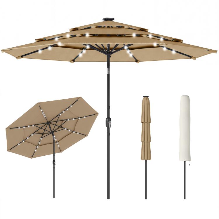Khaki outdoor patio umbrella with three-tier canopy and solar LED light strings