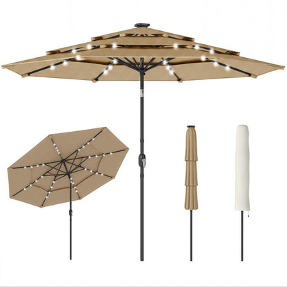 Khaki outdoor patio umbrella with three-tier canopy and solar LED light strings