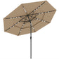 Khaki three-tier patio umbrella canopy with star-shaped frame and solar LED lights