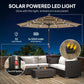 Khaki patio umbrella with solar-powered LED lights and center pole control area