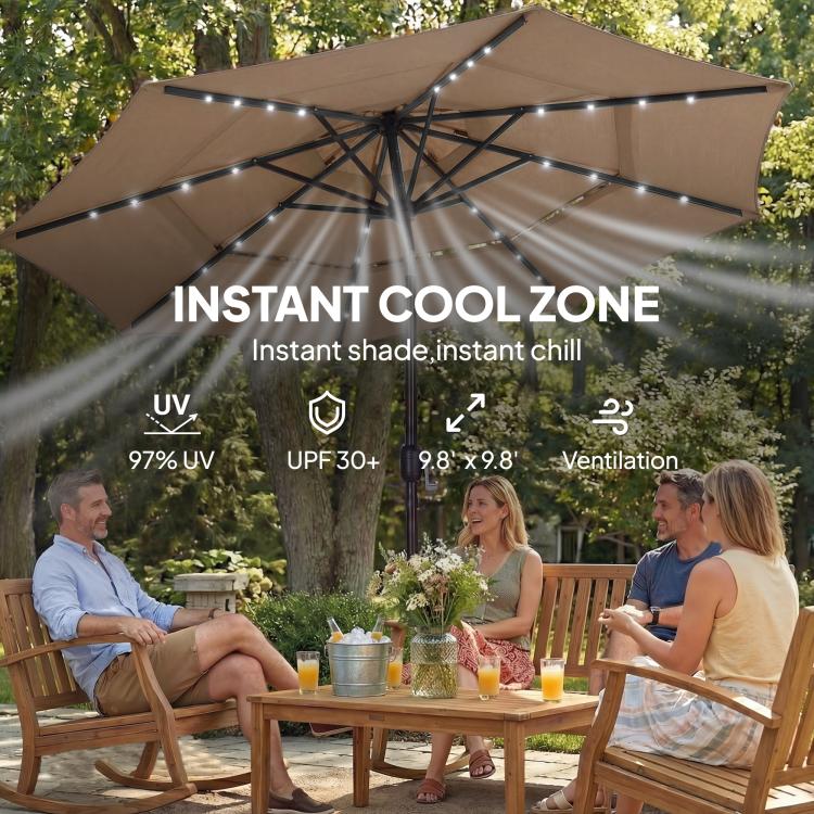 Khaki outdoor umbrella canopy with solar LED lights and ventilation ribs