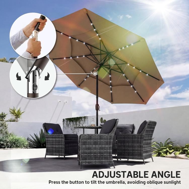 Khaki patio umbrella with adjustable tilt crank and solar LED light strings