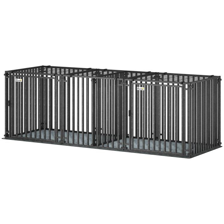 Extra-large heavy-duty dog kennel with front doors and raised divider, dark steel frame