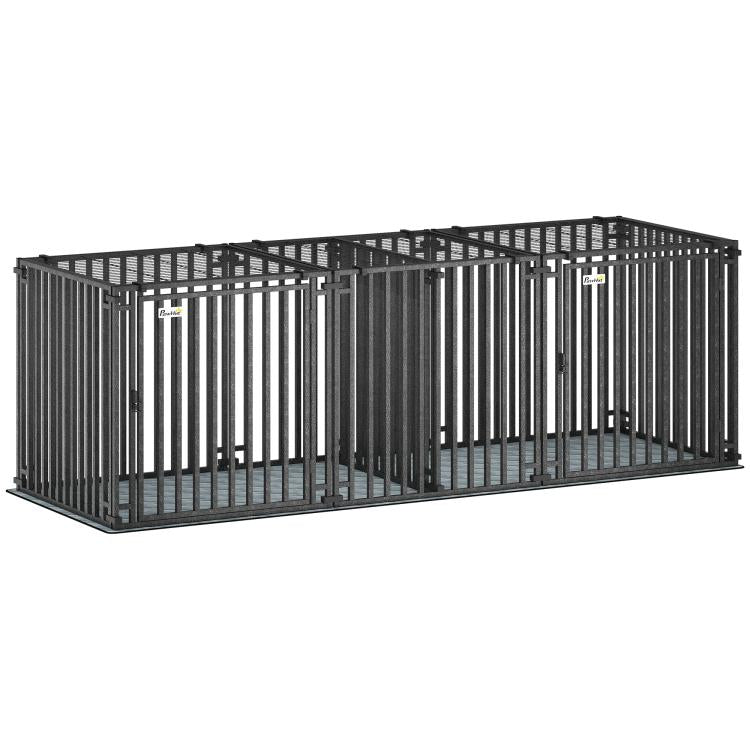 Large black wire dog crate with built-in divider and open door area