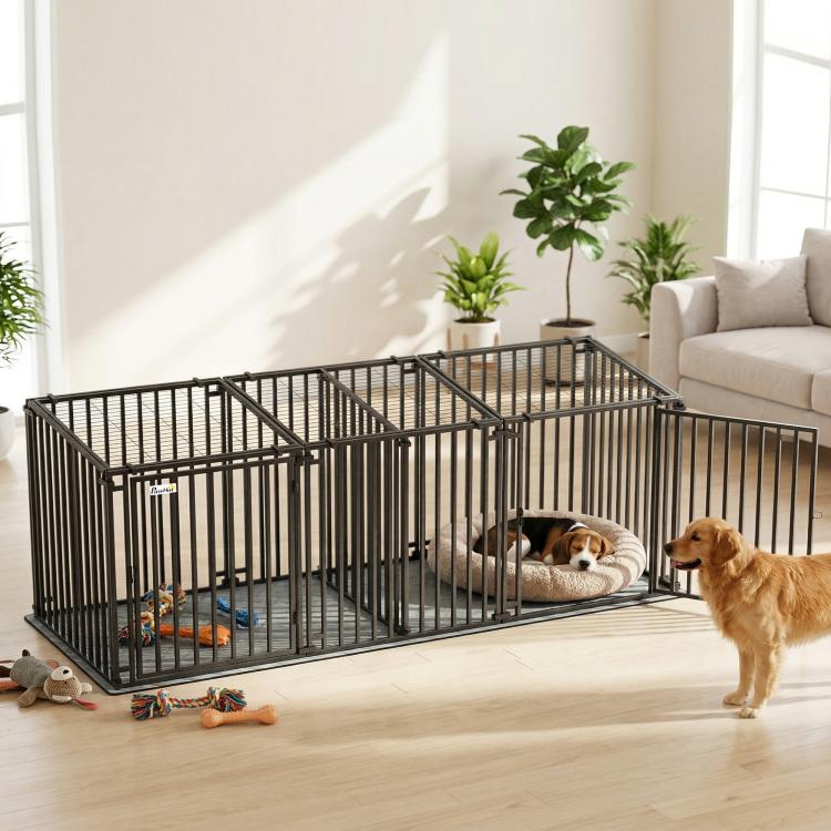 Modular dog crate with internal divider and gray mat floor, dark steel bars and door