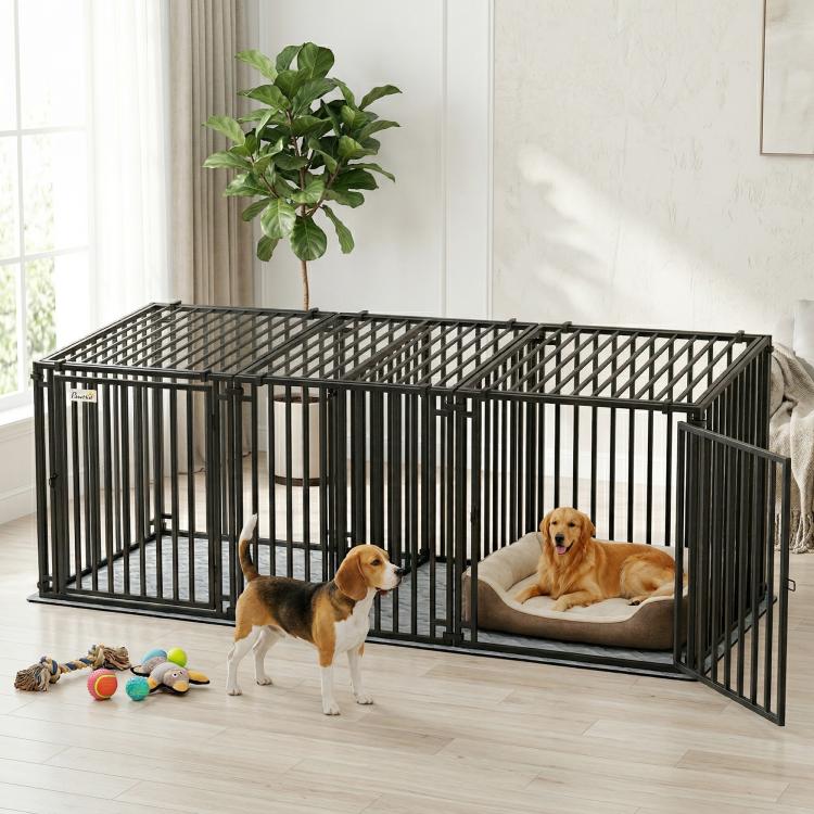 Extra-large dog crate with divider and gray mat, dark steel bars, two open sides