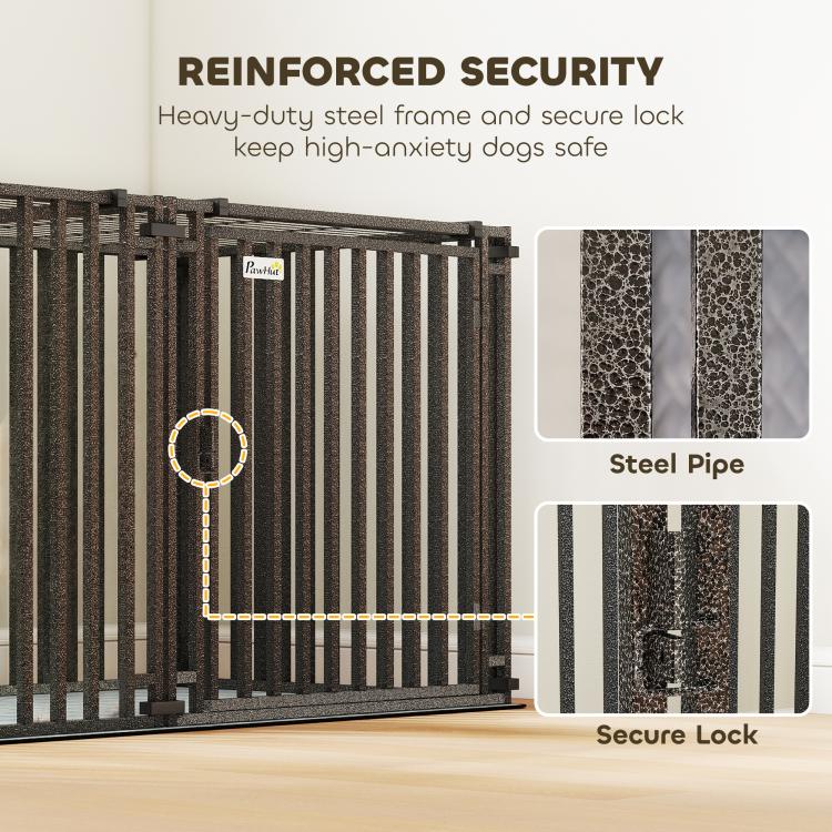Reinforced secure-lock heavy-duty dog crate with steel bars, showing lock and steel pipe
