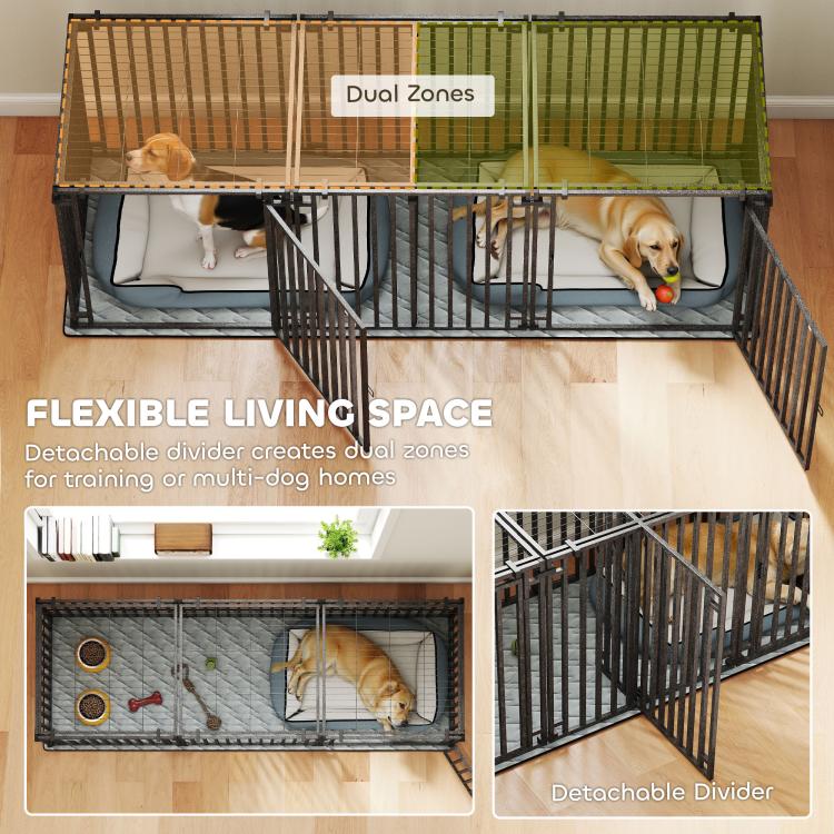 Modular pet playpen crate with detachable divider, dual zones and cushioned gray mat base