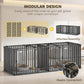 Modular dog crate setup with plastic connectors, dark steel bars and internal divider