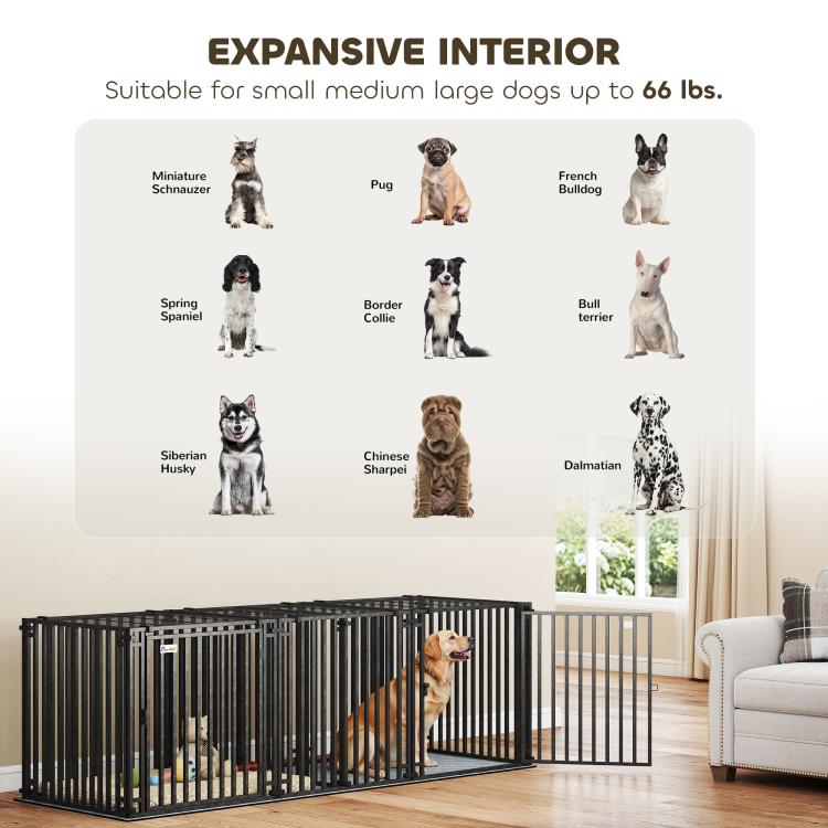 Large expandable dog crate interior with divider, dark steel bars in living-room setting