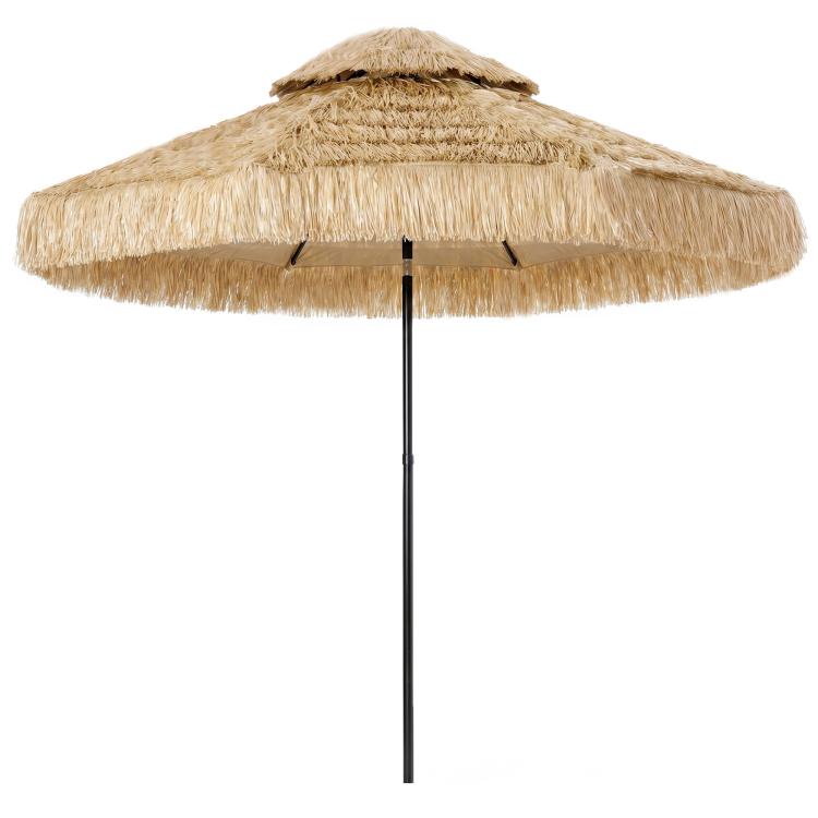 Thatched patio umbrella with khaki straw fringe and black center pole, round canopy top