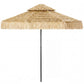 Khaki thatched patio umbrella with straw fringe and black pole, open rounded canopy view