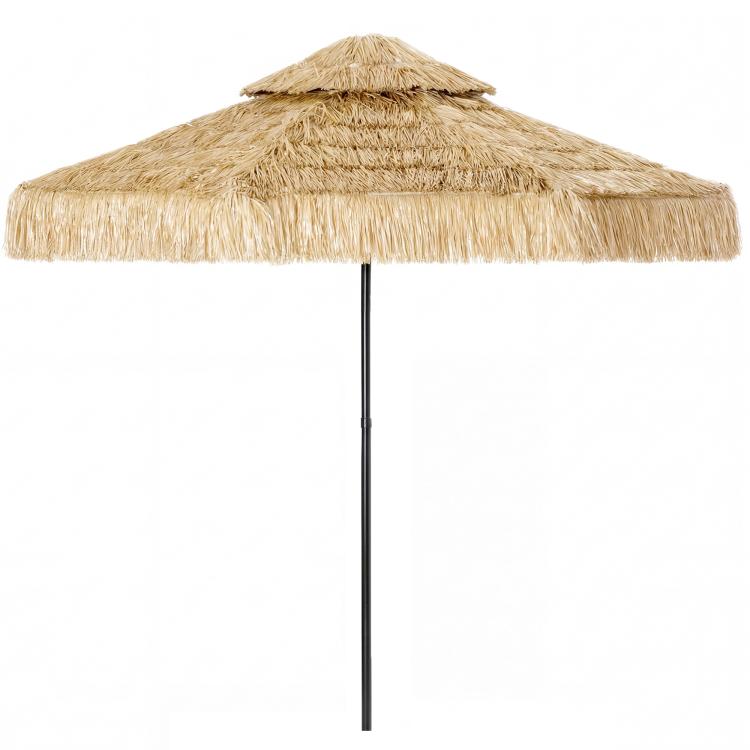 Khaki thatched patio umbrella with straw fringe and black pole, open rounded canopy view