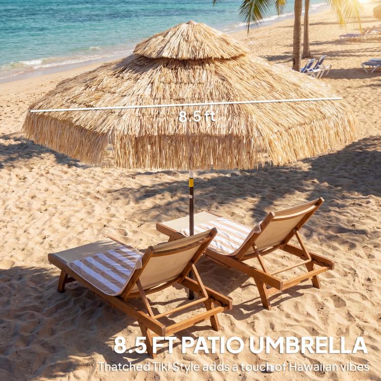 8.5 ft khaki thatched patio umbrella with straw fringe, black center pole, open canopy