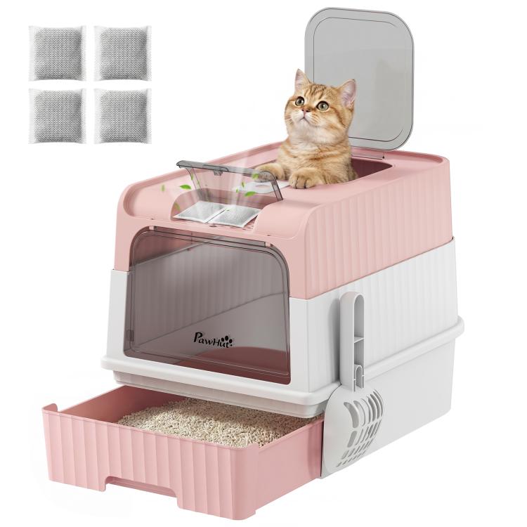 Pink hooded cat litter box with front entry and pull-out drawer, top exit door