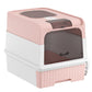 Pink and white hooded cat litter box with tinted door panels and side air vents