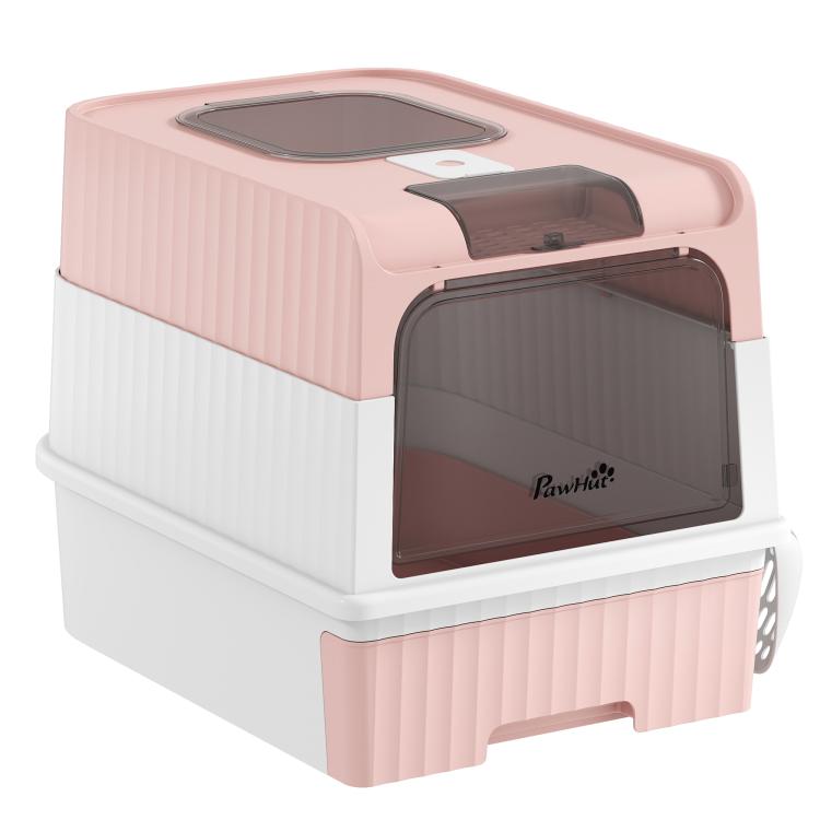 Pink and white hooded cat litter box with tinted door panels and side air vents