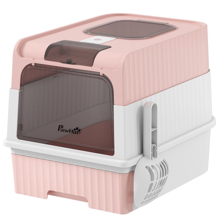 Pink hooded cat litter box with drawer base, front door and top exit