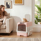 Pink hooded cat litter box with front entry and top exit window, shown on floor