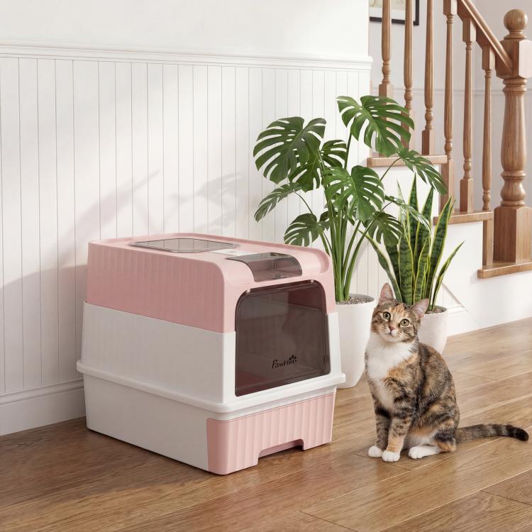 Pink hooded cat litter box with top opening and front door, cat sitting nearby