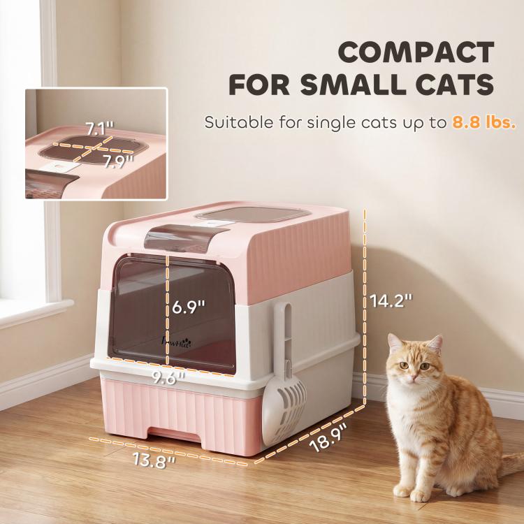 Pink hooded cat litter box for small cats with front entry and pull-out drawer