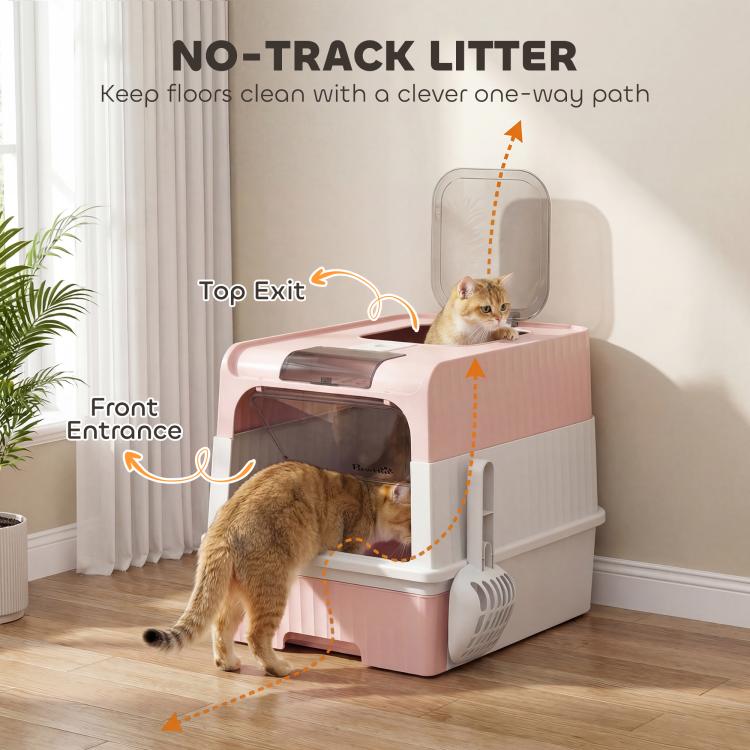 Pink hooded cat litter tray with front entrance and top exit, no-track design path