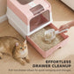 Pink hooded cat litter box with open pull-out drawer for easy scooping