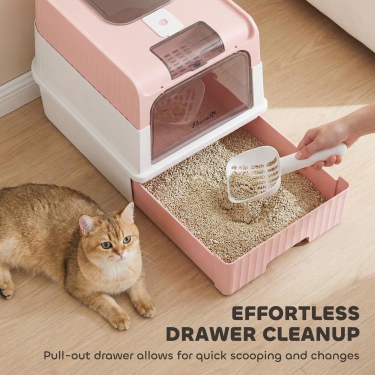 Pink hooded cat litter box with open pull-out drawer for easy scooping