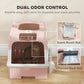 Pink hooded cat litter box showing door window and odor control slots