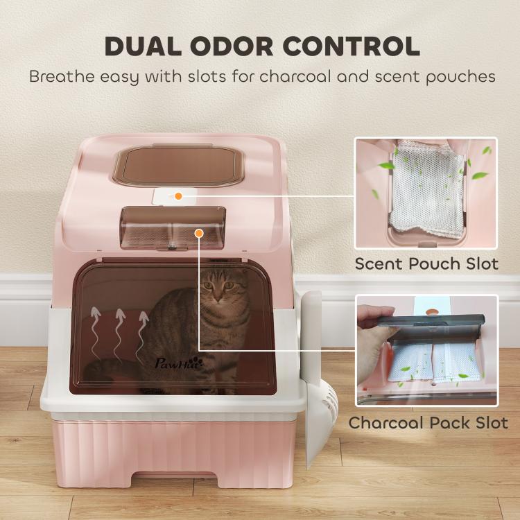 Pink hooded cat litter box showing door window and odor control slots