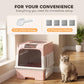 Pink hooded cat litter box with included scoop and charcoal packs