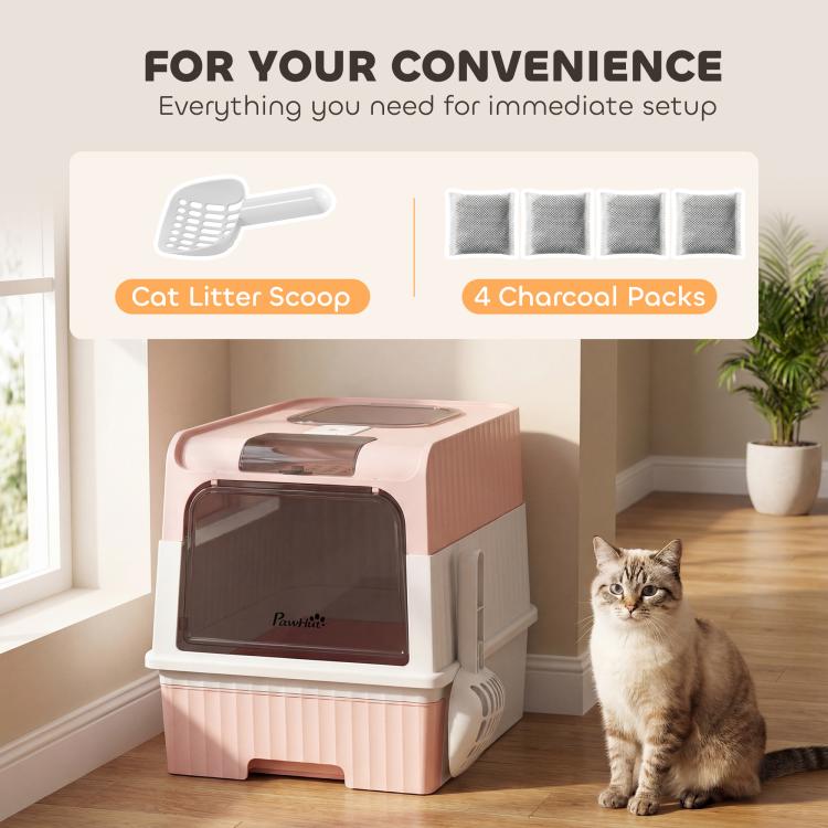 Pink hooded cat litter box with included scoop and charcoal packs