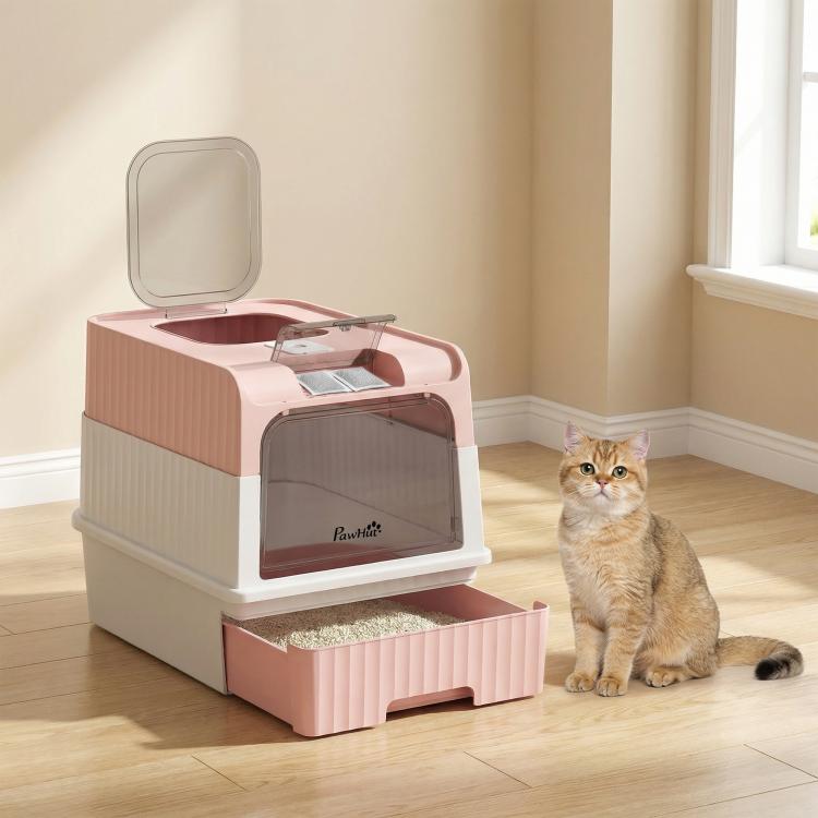 Pink hooded cat litter box with top exit door open and front entry door