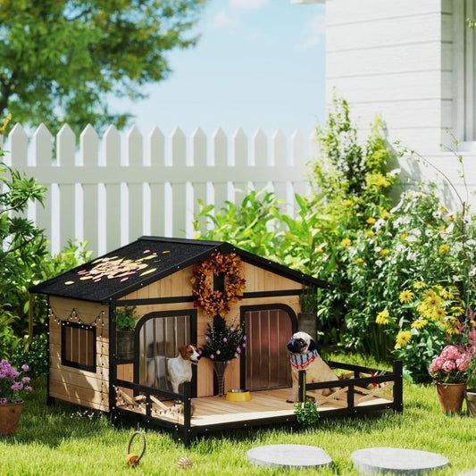 Wooden dog kennel with porch and open entrance, outdoors on grass