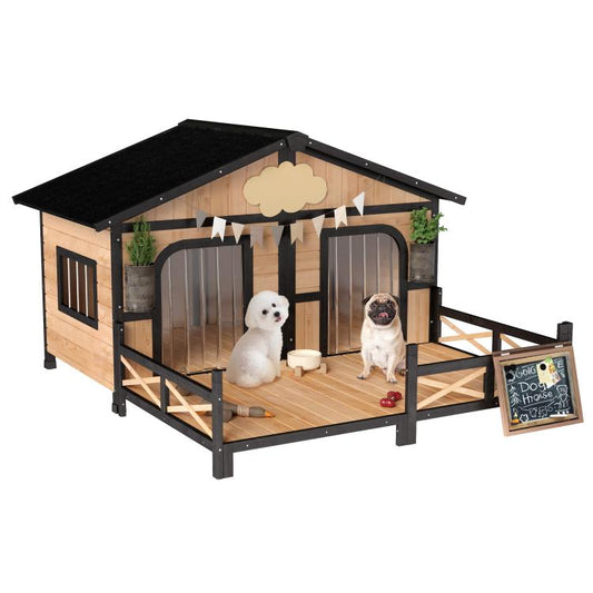Wooden outdoor dog kennel with porch, black roof and double entry