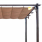 Brown retractable canopy on dark metal pergola, side view