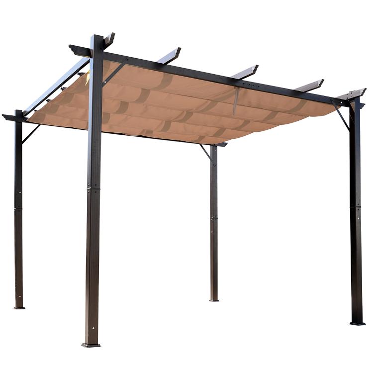 Dark metal pergola with brown retractable canopy, full top view