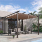 Brown retractable canopy pergola with four black posts on an outdoor patio