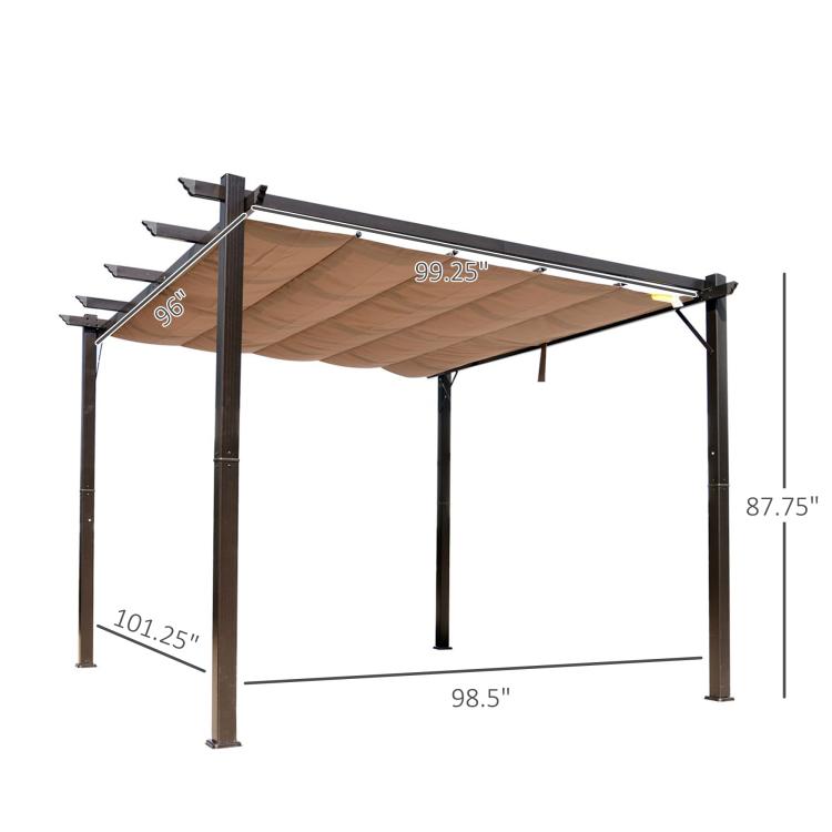 Brown retractable canopy pergola with black frame and four posts, open sides