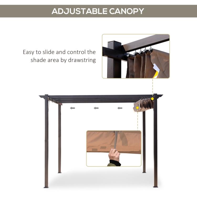 Retractable canopy pergola with black frame, canopy slides to adjust shade