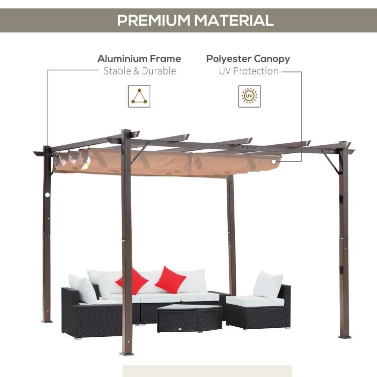 Pergola with black aluminum frame and brown polyester canopy over outdoor sofa set
