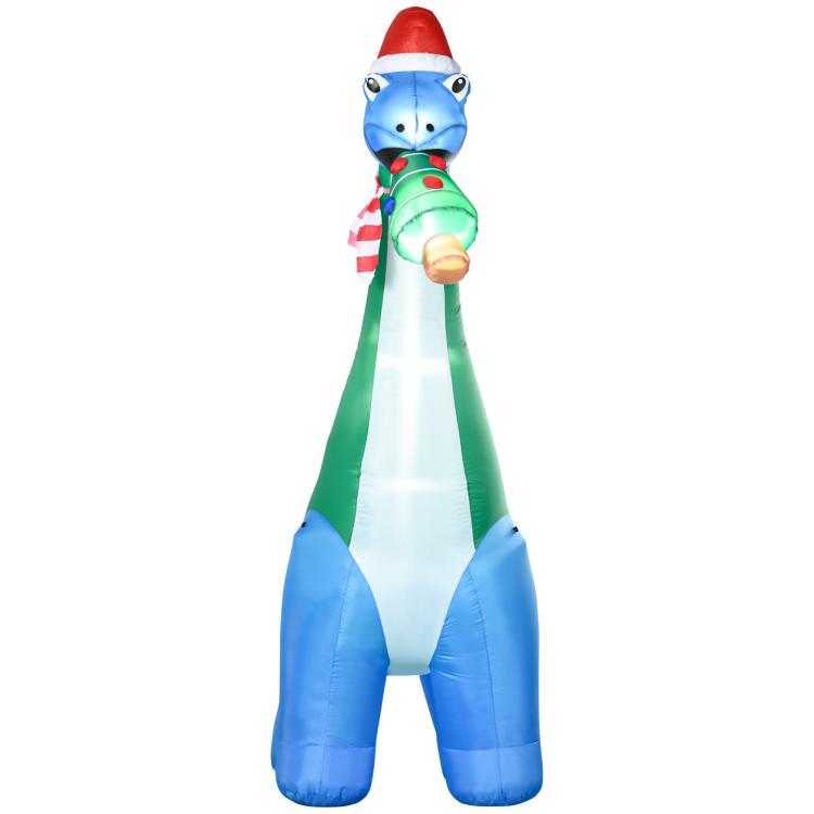 Inflatable blue dinosaur with Christmas tree in mouth