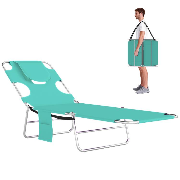 Light green adjustable lounge chair with face hole and cushioned head pillow