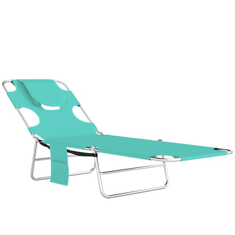 Light green adjustable outdoor chaise lounge with face-hole pillow and metal frame